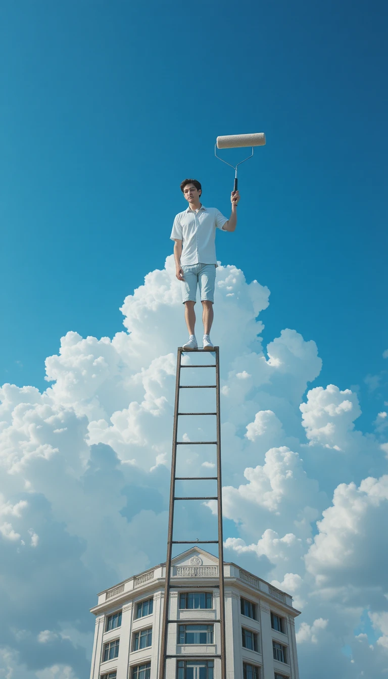 Man on ladder painting realistic clouds across the sky