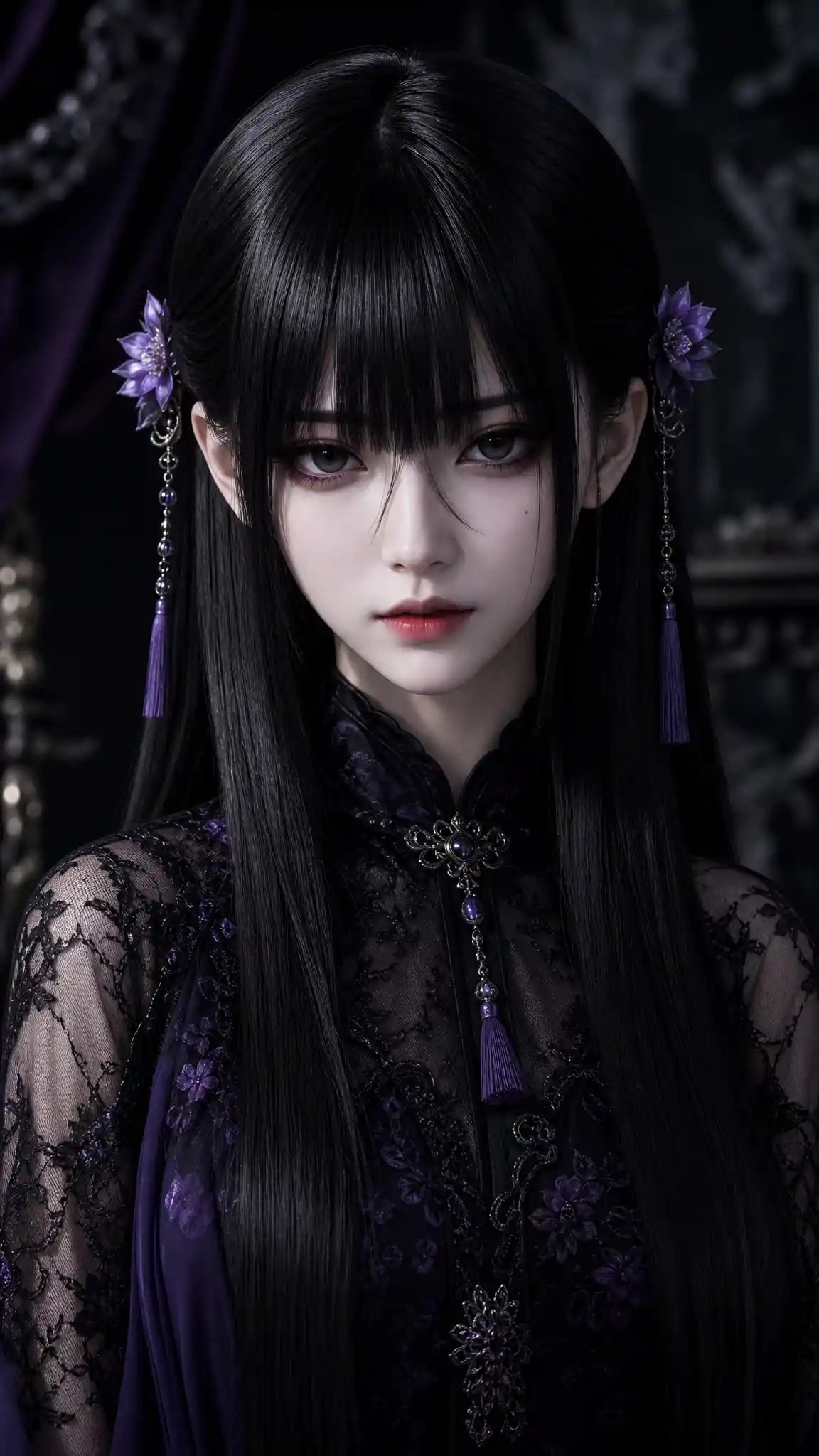 Gothic girl with long raven hair and blunt fringe