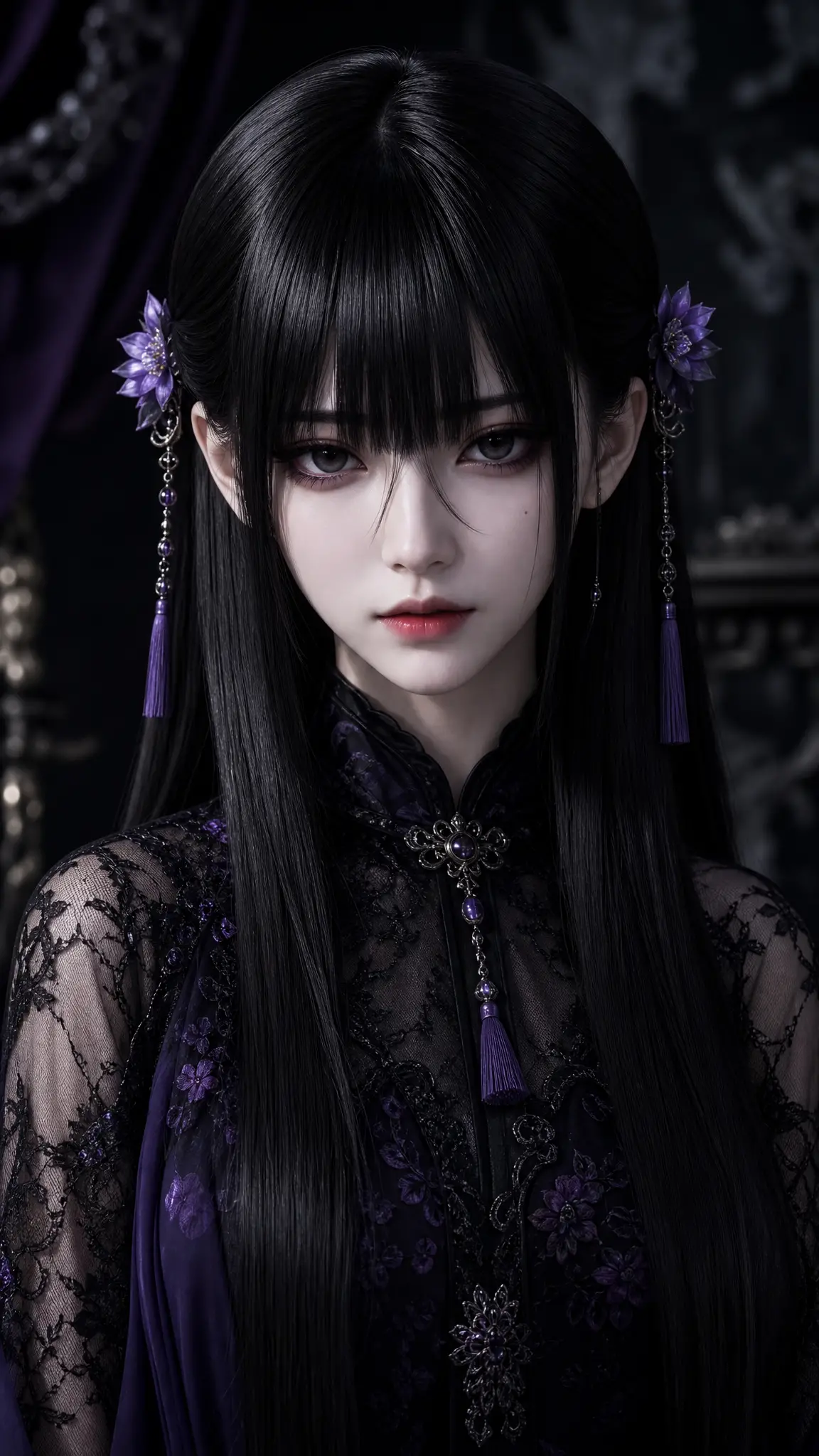 長烏黑秀髮與平齊瀏海的哥德少女