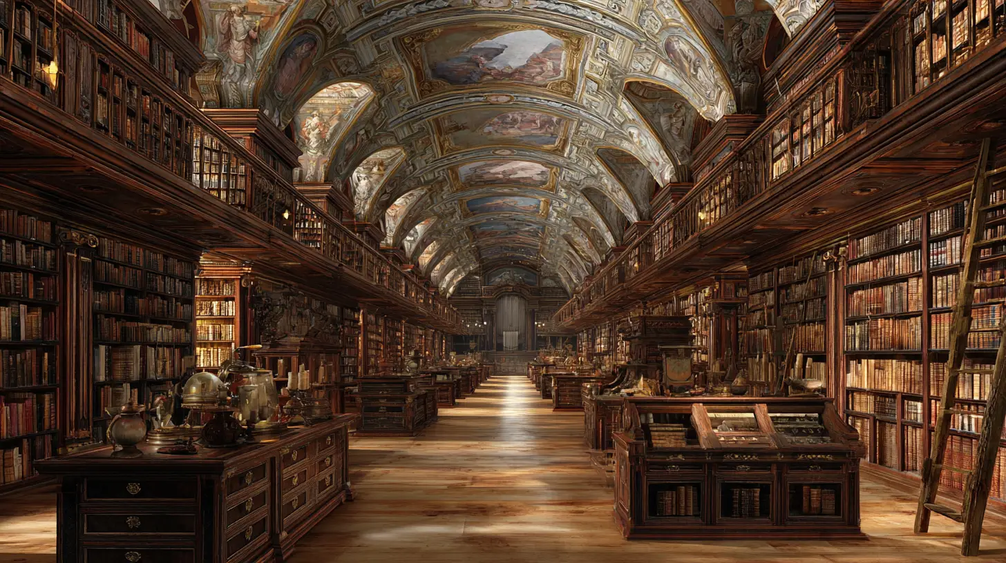 Vast library hall with towering shelves and warm light
