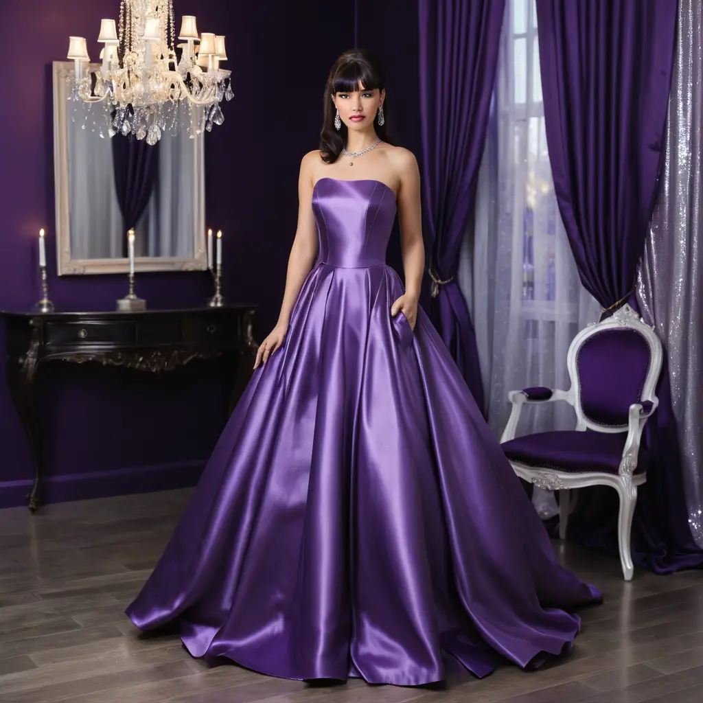 Young woman in royal purple satin ballgown indoors