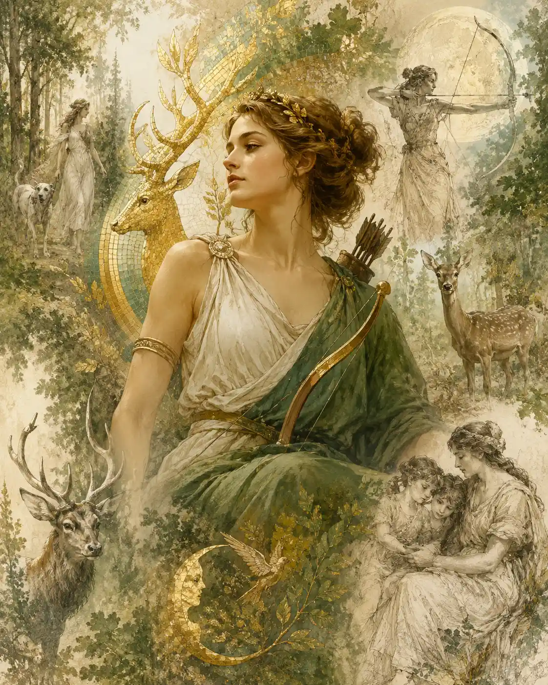 Artemis the huntress goddess in a flowing fantasy illustration
