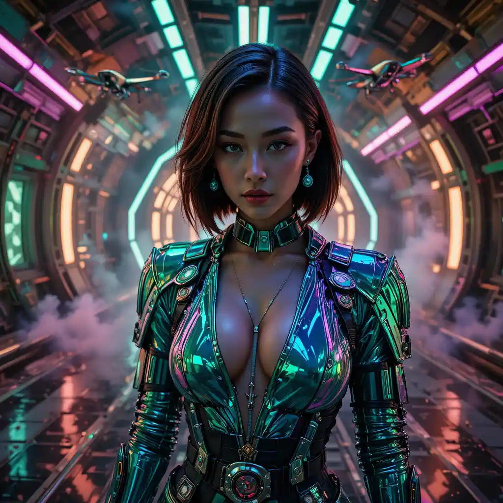 Futuristic bounty hunter portrait in neon starship hangar