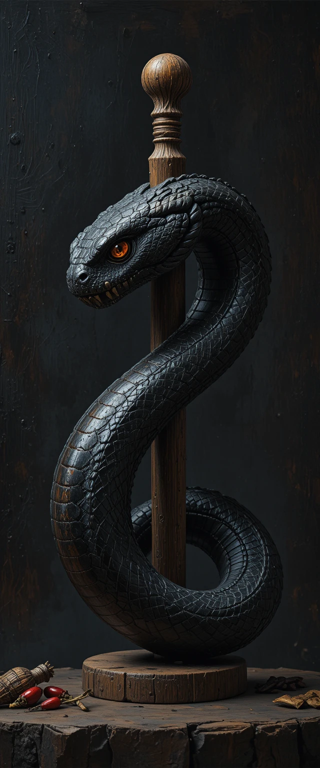 Close up of serpent cane handle in dramatic side lighting