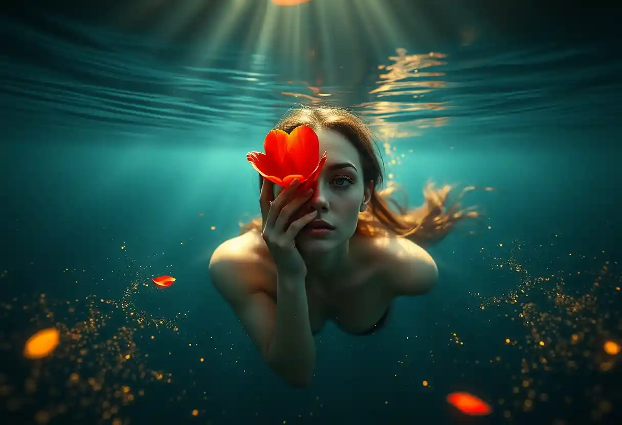 Mystical woman swimming through dark ocean with glowing flower
