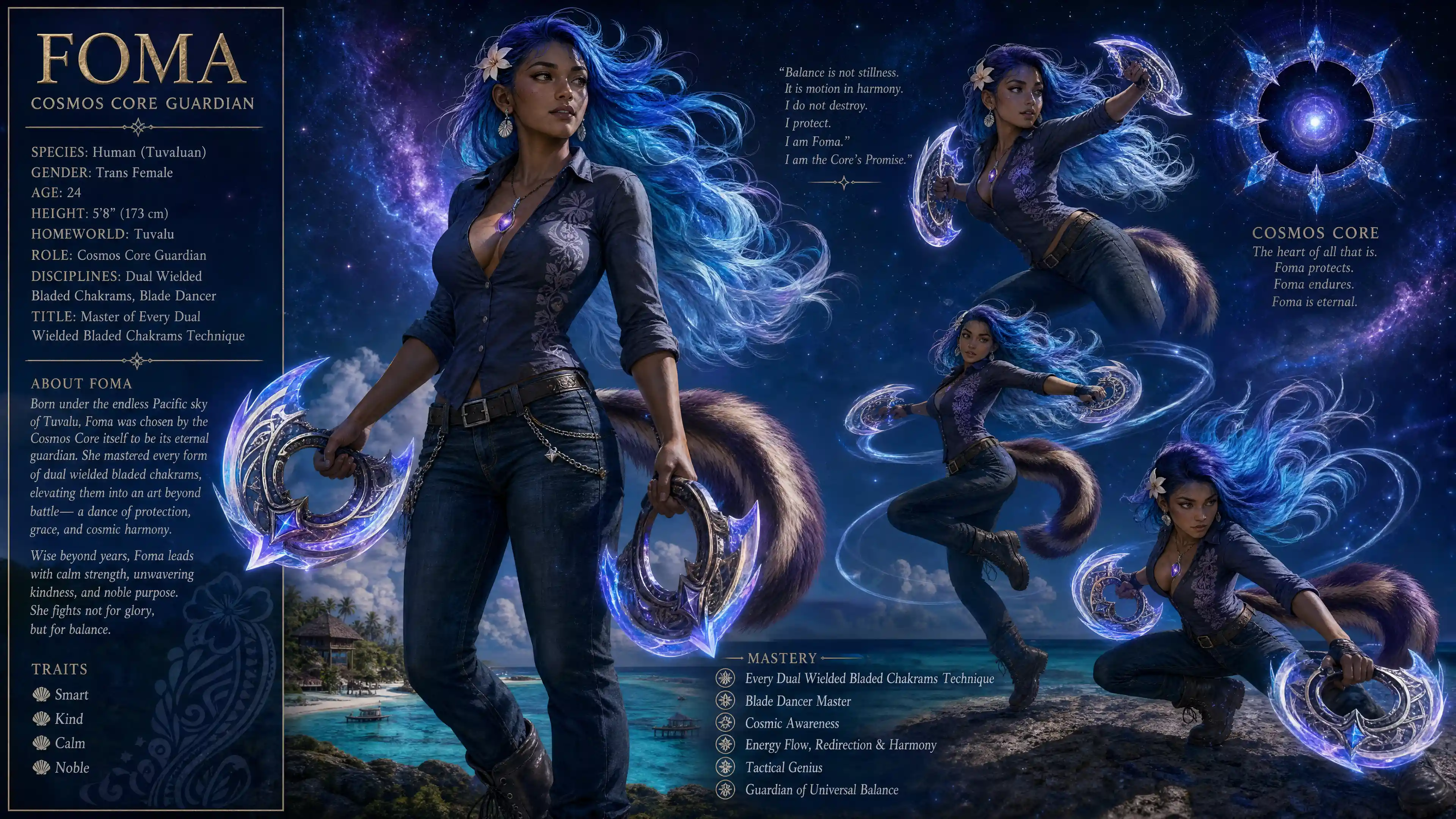 Cosmic warrior woman with flaming blue hair and chakrams