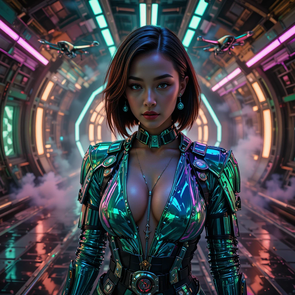 Retrato de caçador de recompensas futurista em hangar de nave espacial neon