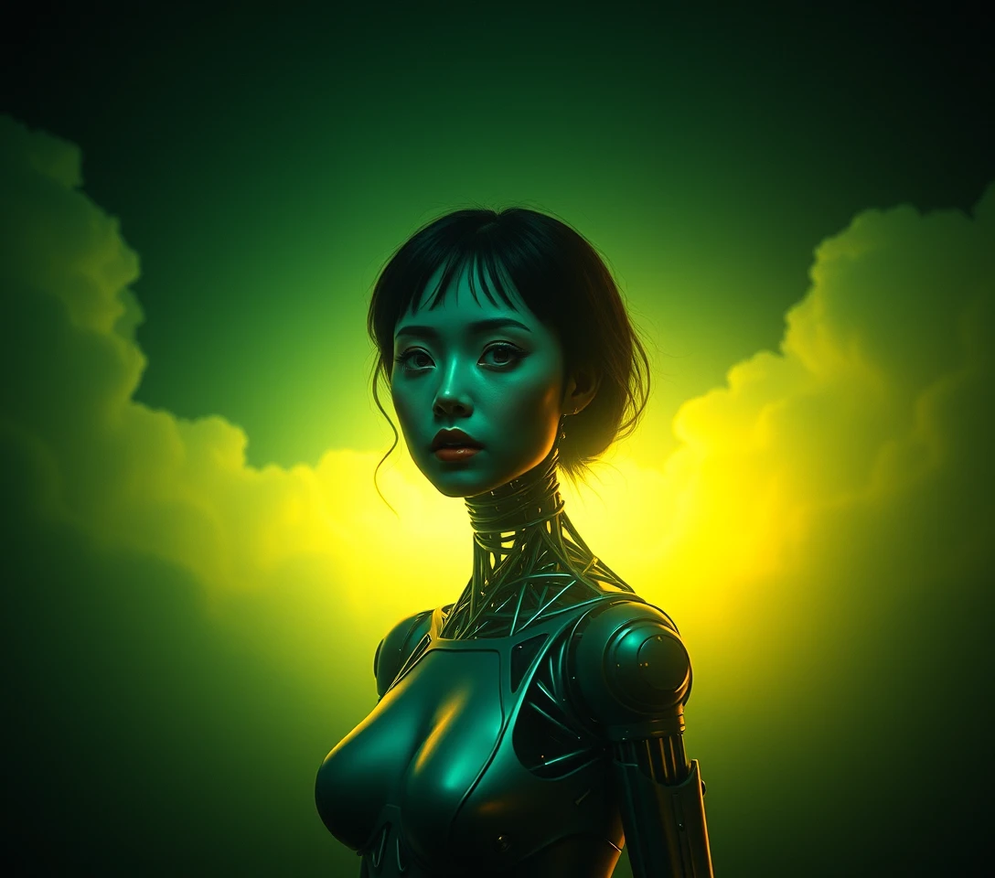 Cyborg woman whispering in a dark surreal corridor