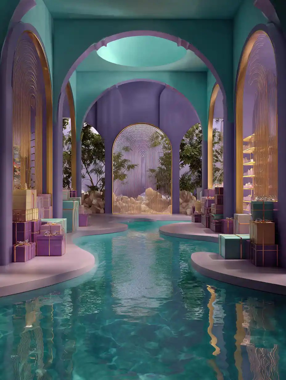 Surreal luxury interior with couture gift box displays