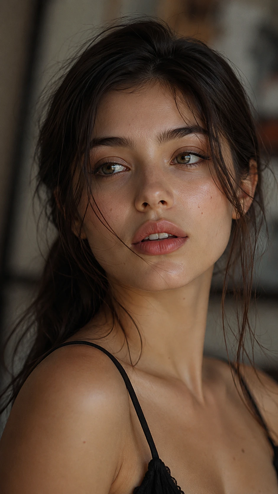 Young actress close up with mesmerizing eyes and soft lips
