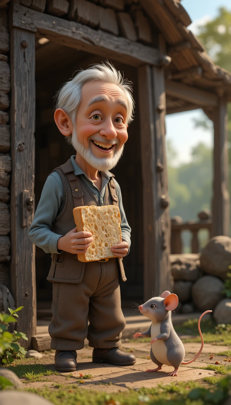 Old man sharing bread with mouse outside wooden house