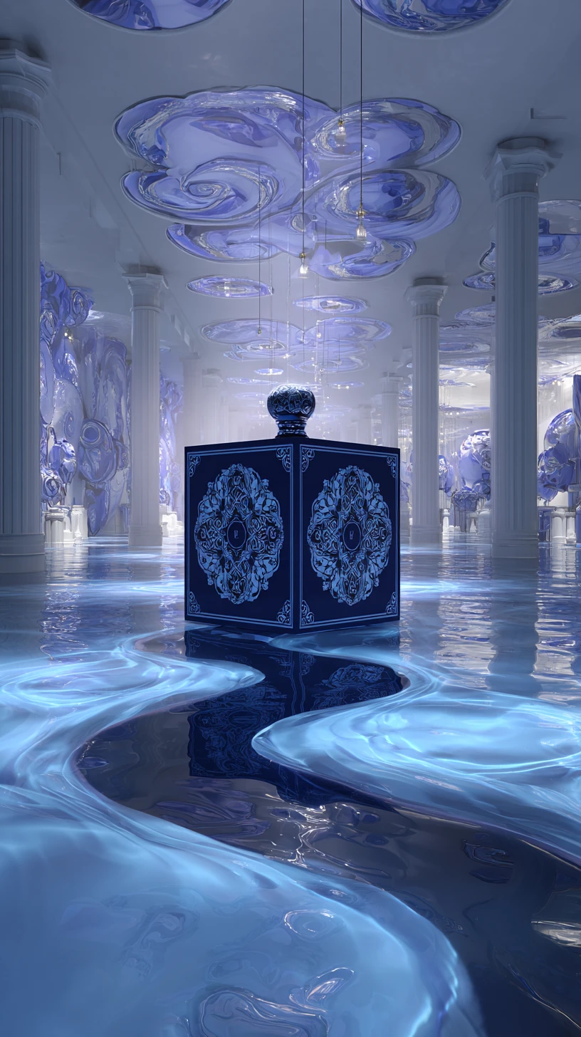 Surreal luxury fashion interior with flowing water pathways