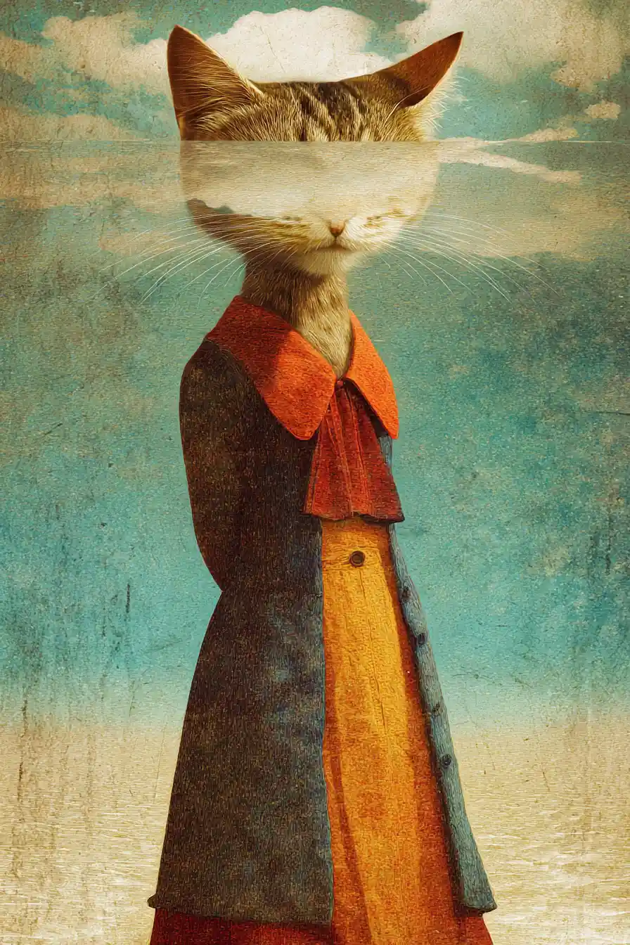 Tall blond fantasy cat on a surreal shoreline under a quiet sky