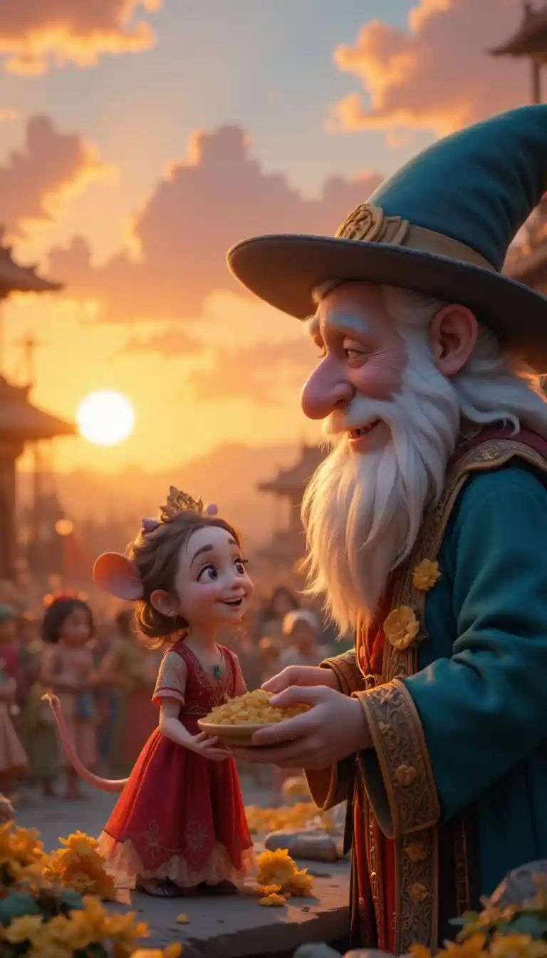 Magical mouse and rich man sharing food at sunset