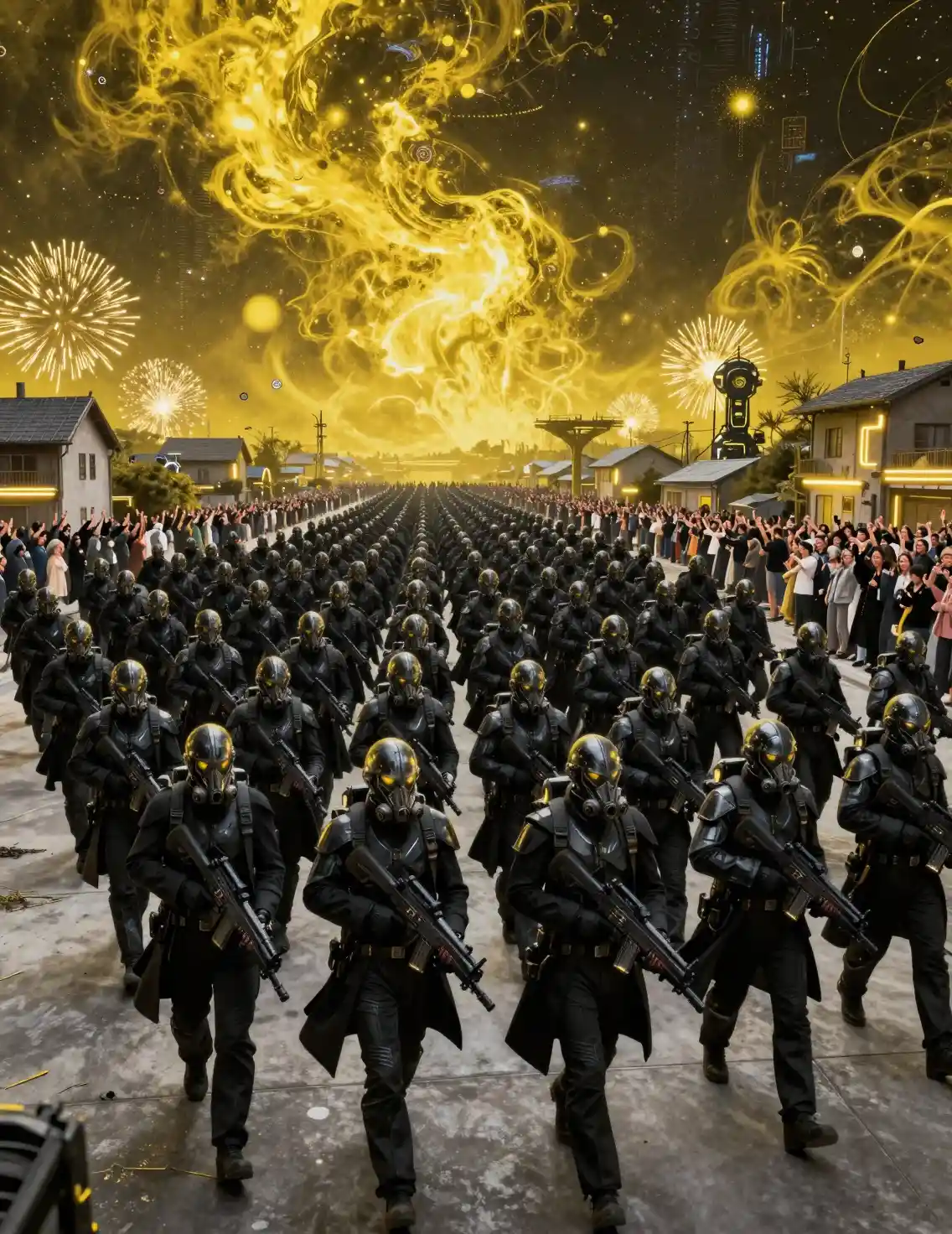 Futuristic army of soldiers marching across concrete battlefield