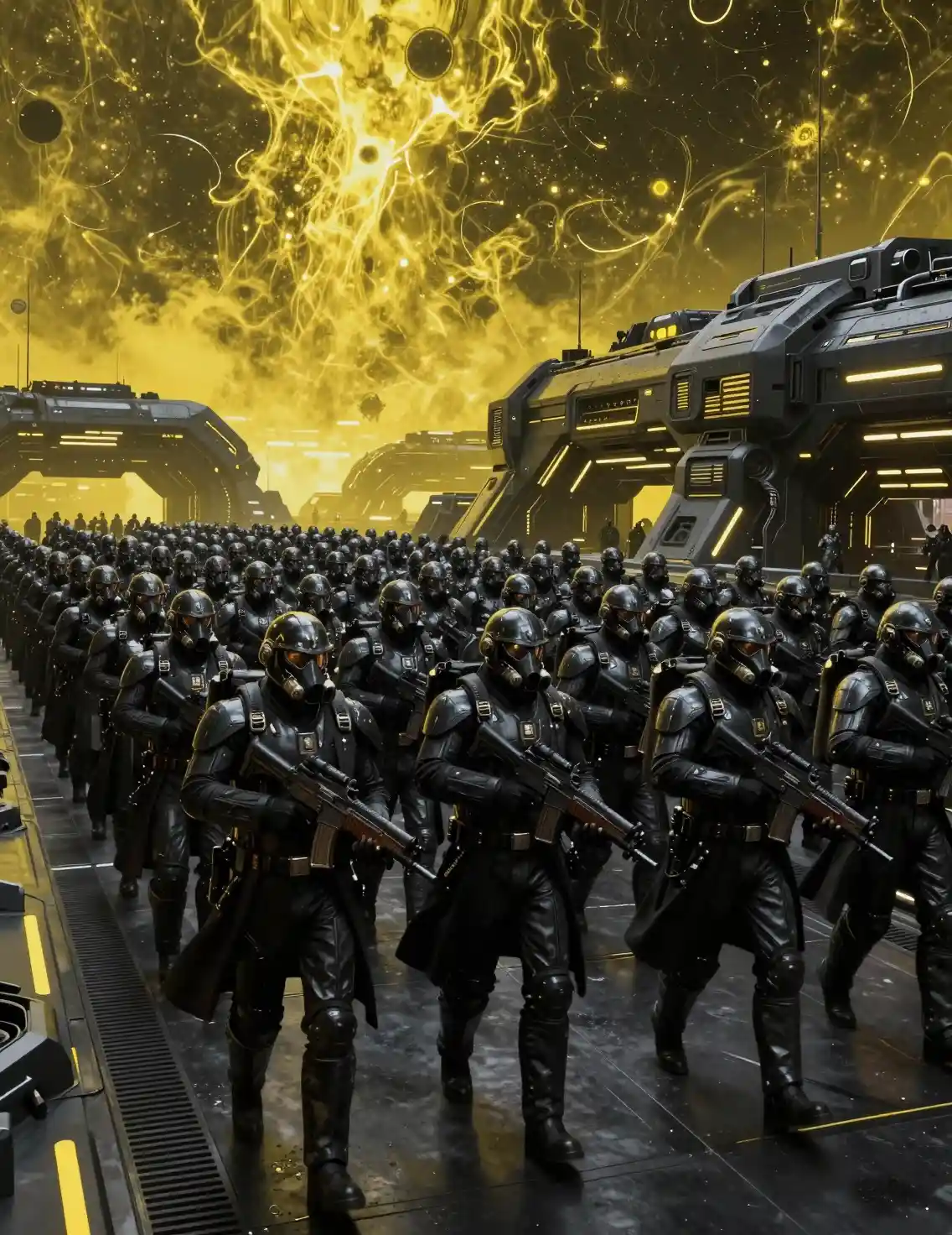 Massive sci fi army of black armored super soldiers