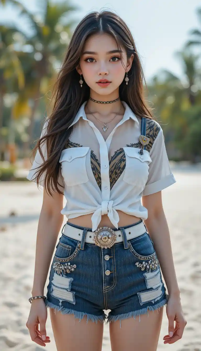 Bashful anime woman on a tropical beach in layered summer outfit