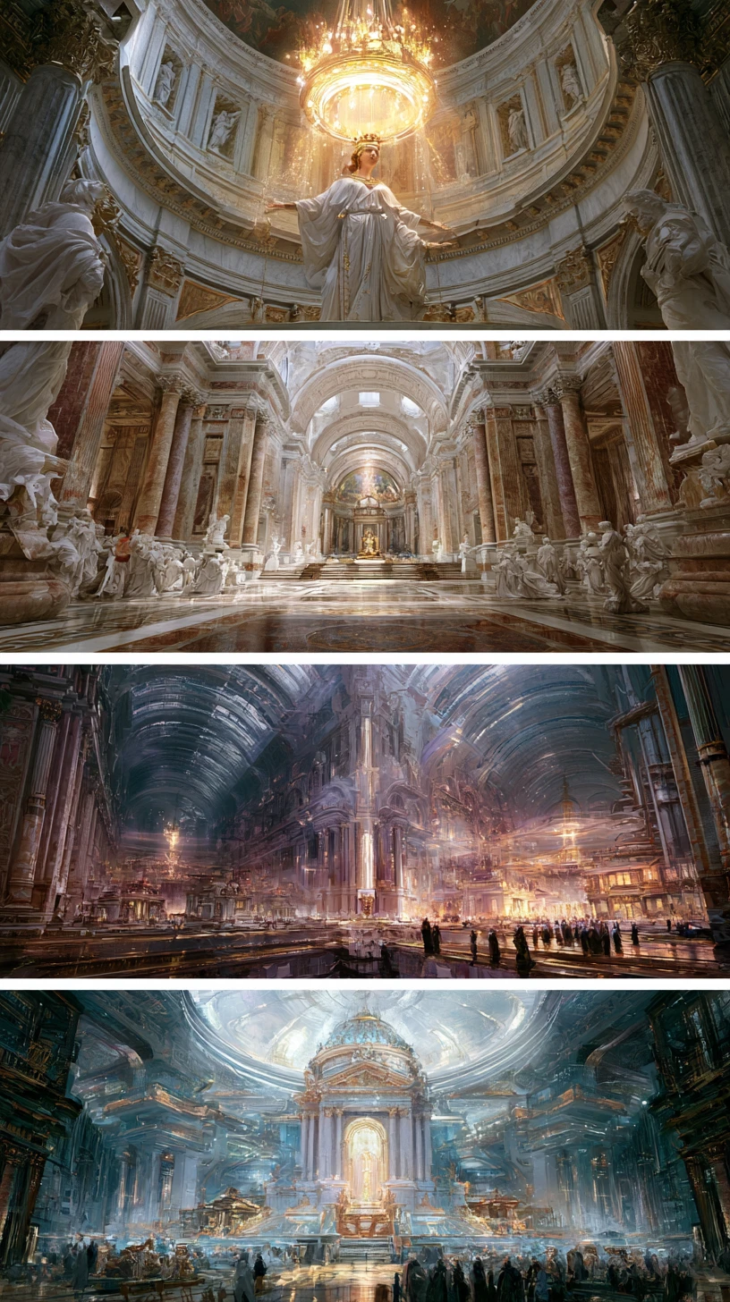 Cyber renaissance cathedrals in glowing marble halls