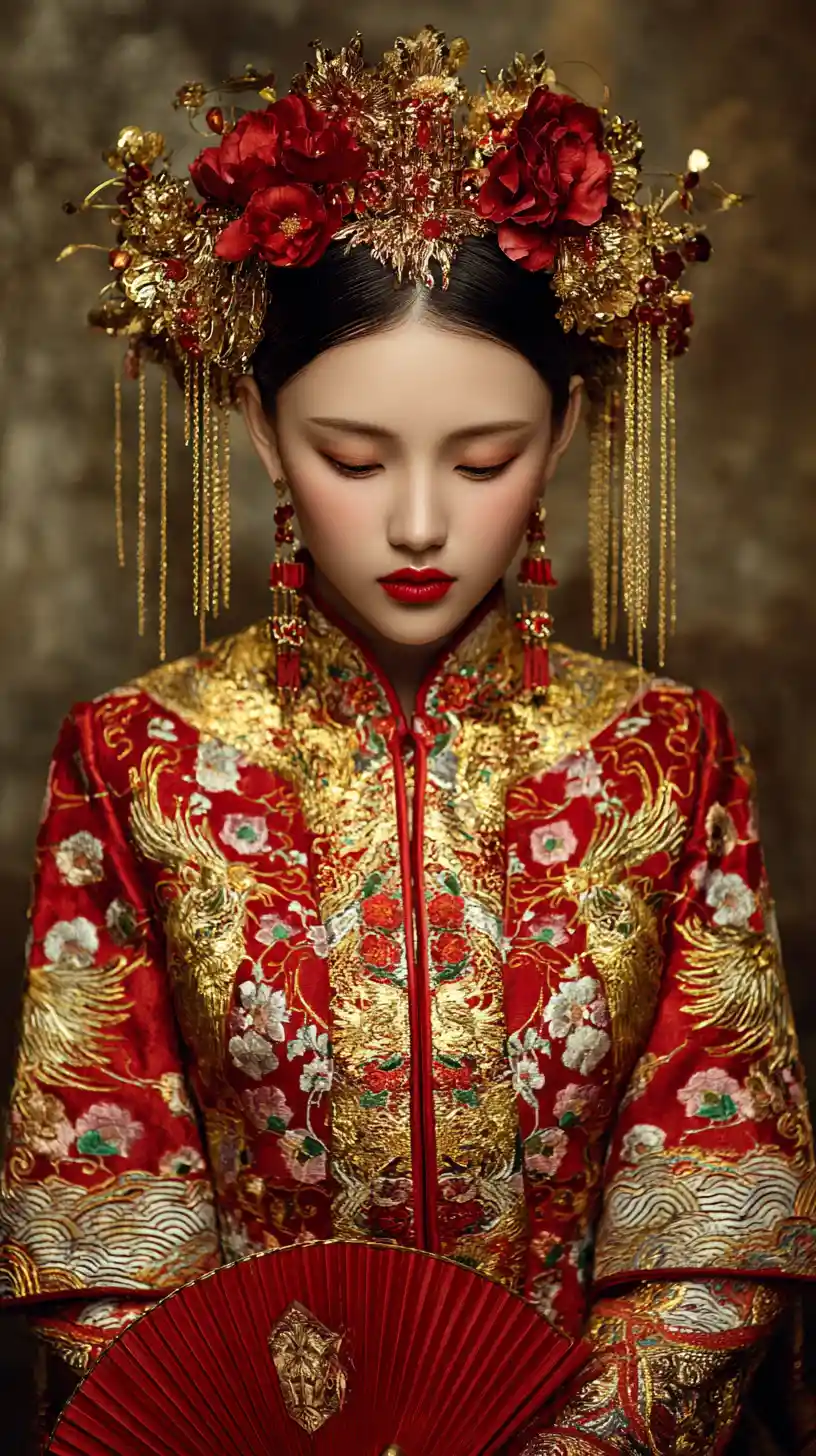 Chinese bridal portrait in red xiu he fu with fan