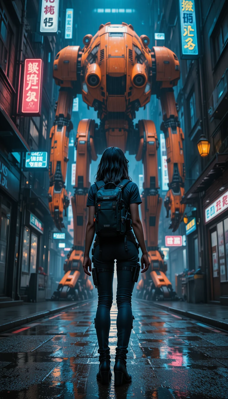 Woman facing colossal mech in rainy neon alley