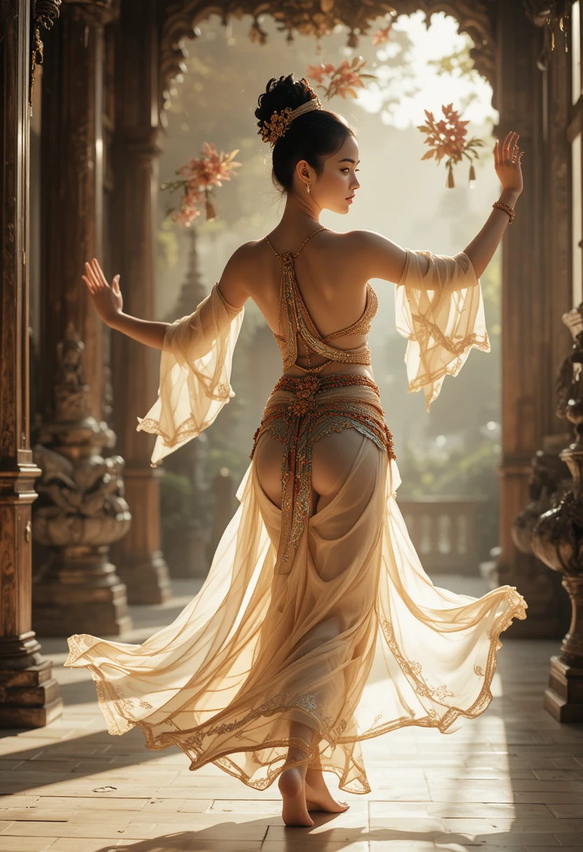 Traditional Thai woman dancing gracefully in temple interior