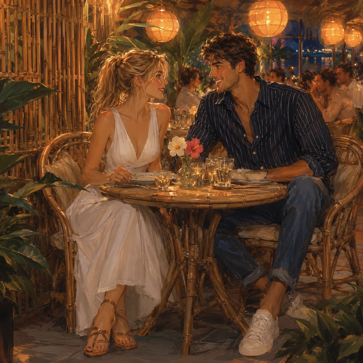Couple in a tropical bamboo cafe under warm globe lights