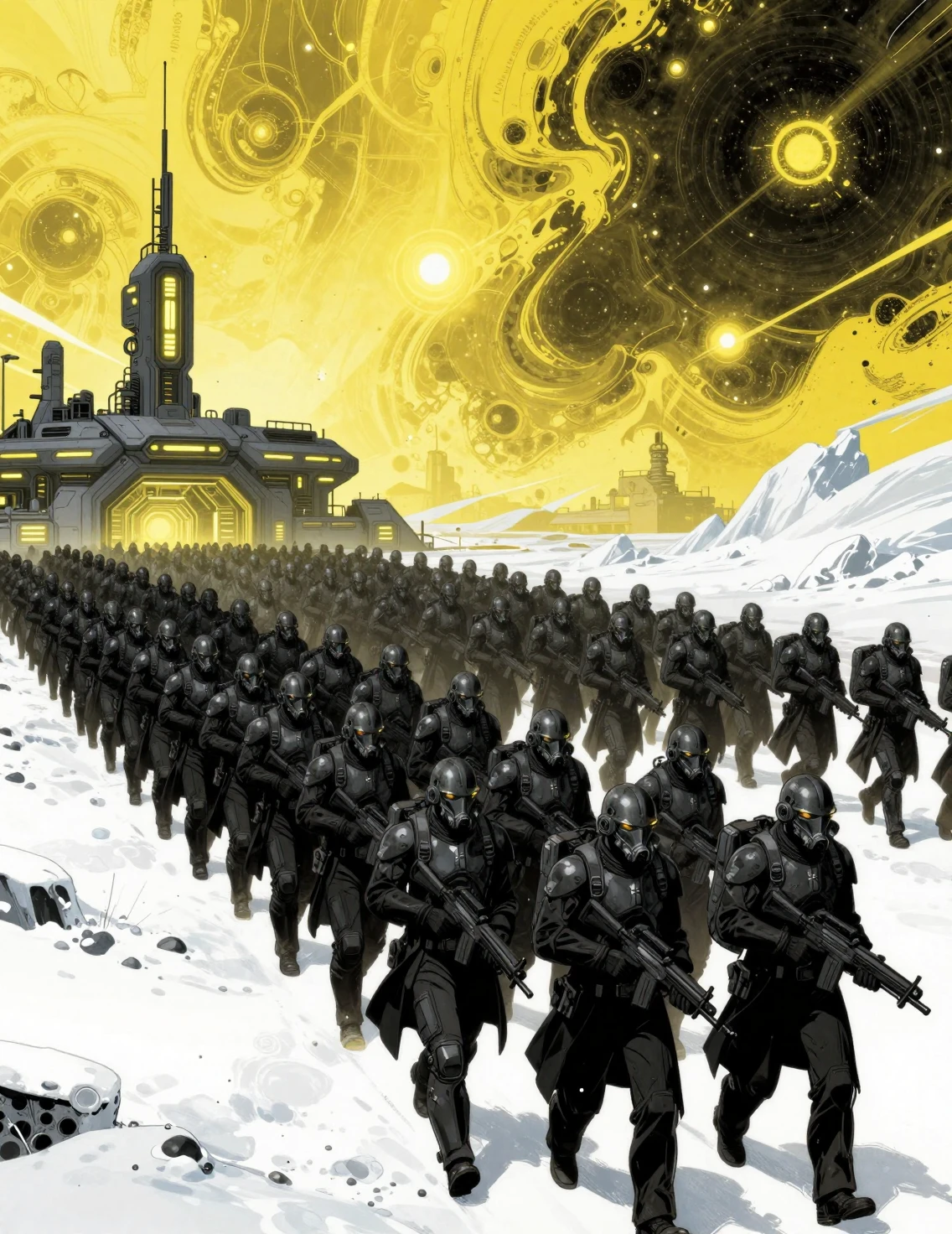 Futuristic army of armored soldiers marching across snow