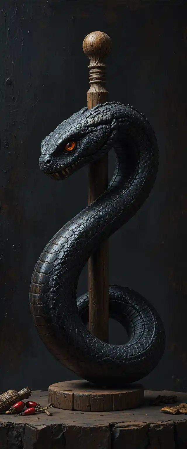 Close up of serpent cane handle in dramatic side lighting