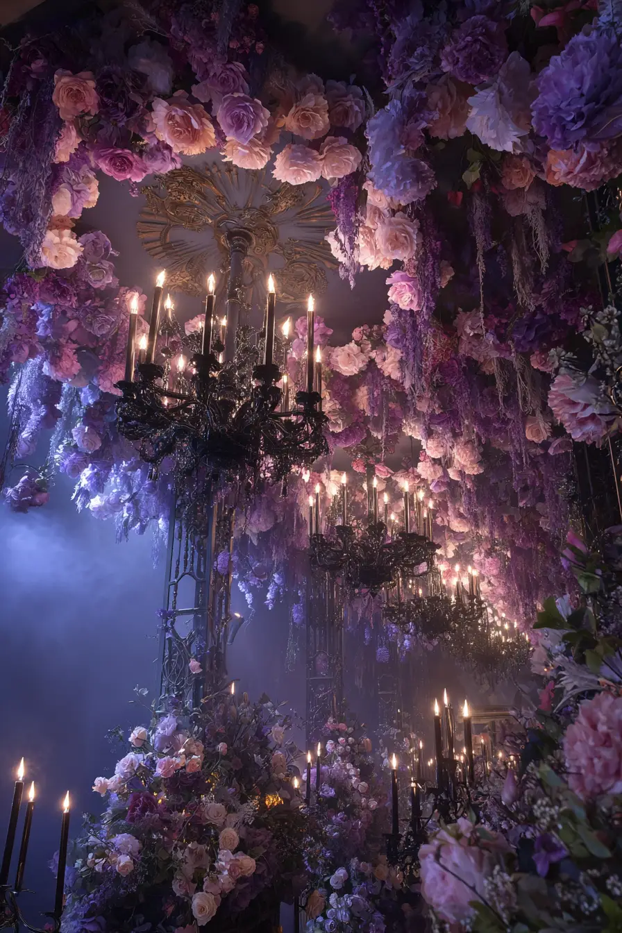 Fantasy arena with black stallions and layered flower petals