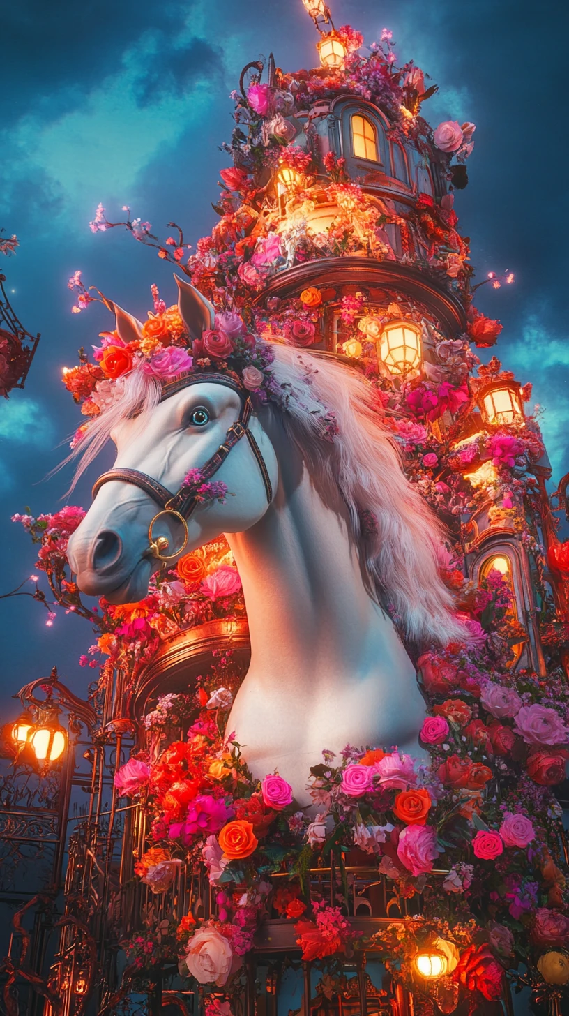 Majestic horse in a flower filled fantasy thunderdome arena