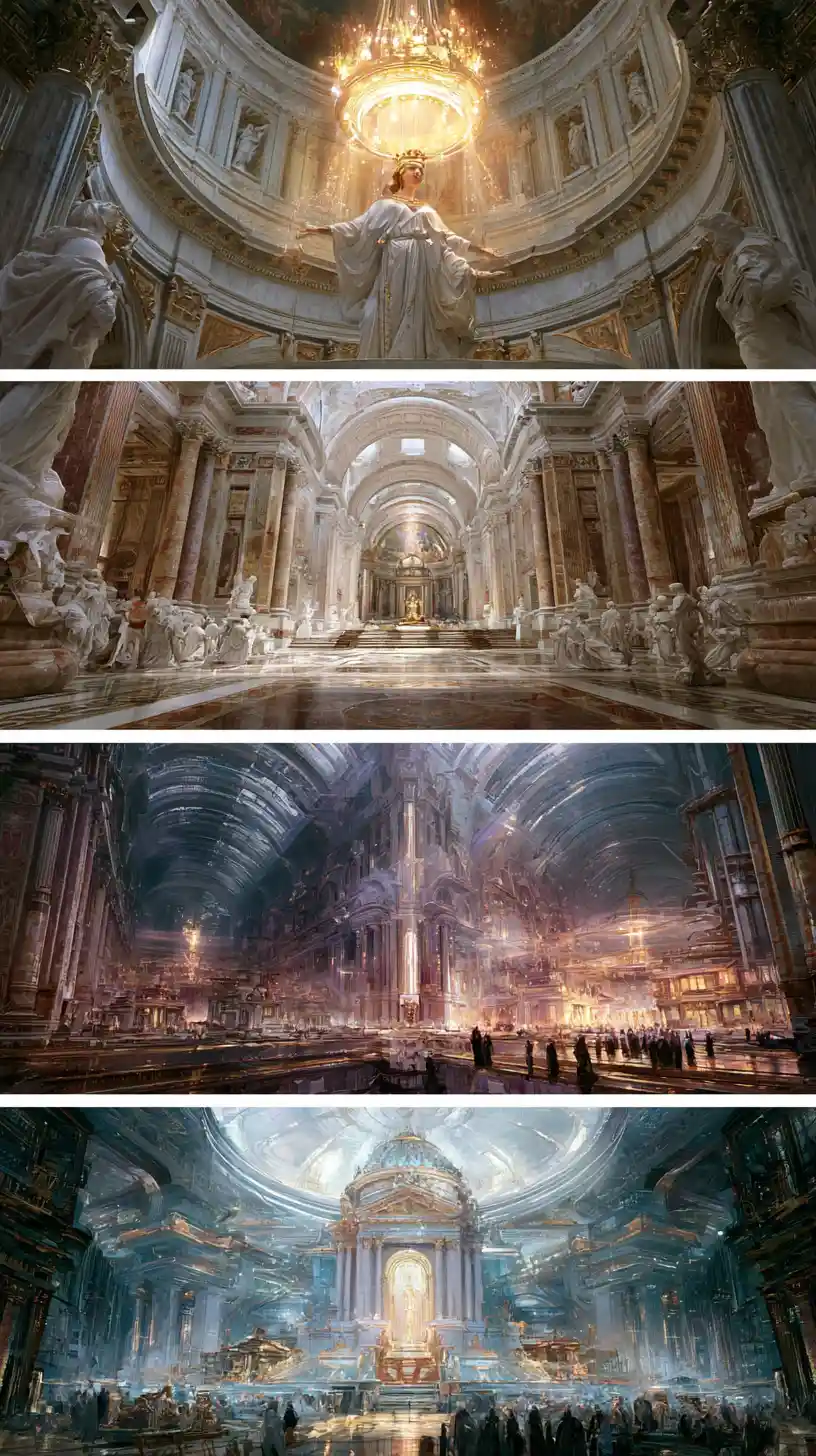 Cyber renaissance cathedrals in glowing marble halls
