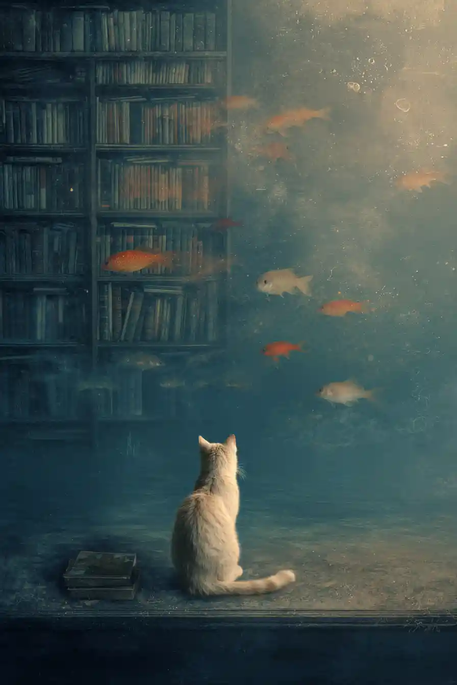 Surrealer blonder Kater an einer stillen mondbeschienenen Küste
