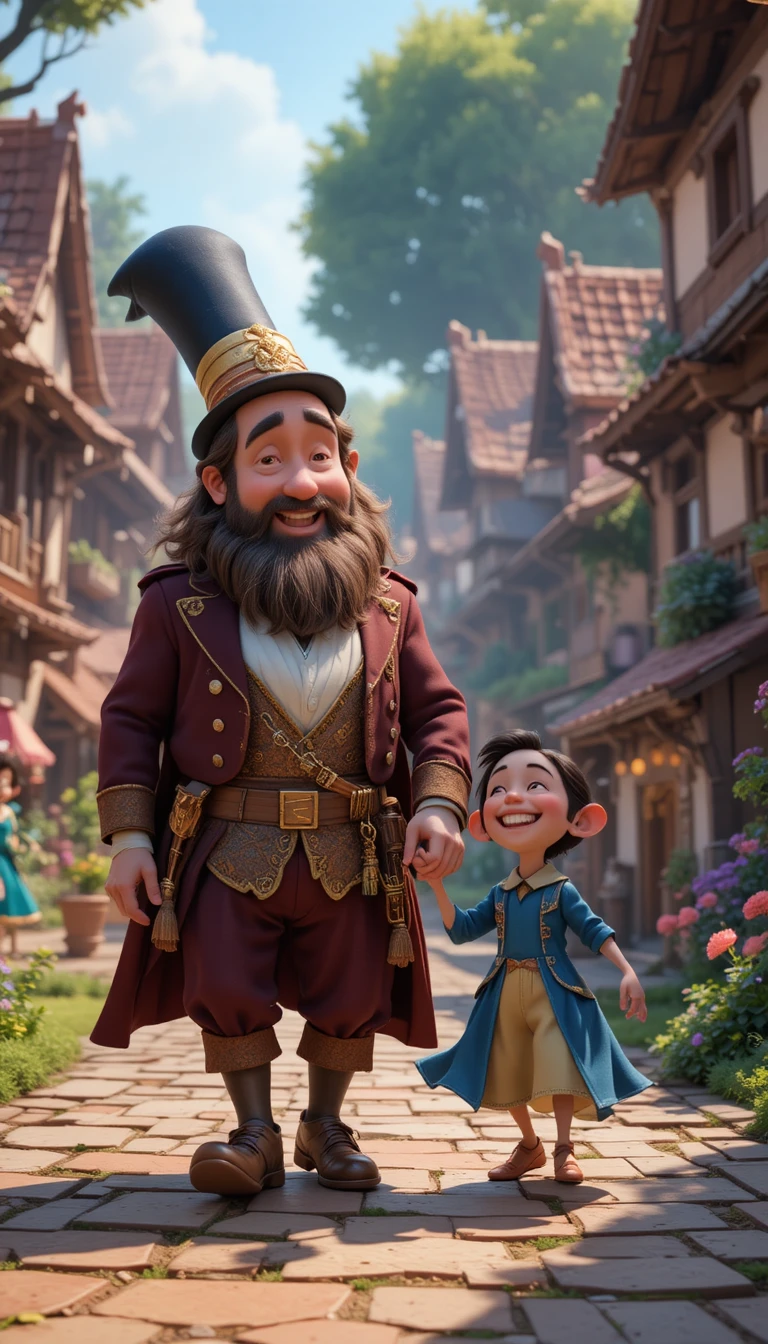Wealthy man and magical mouse walking through a joyful village