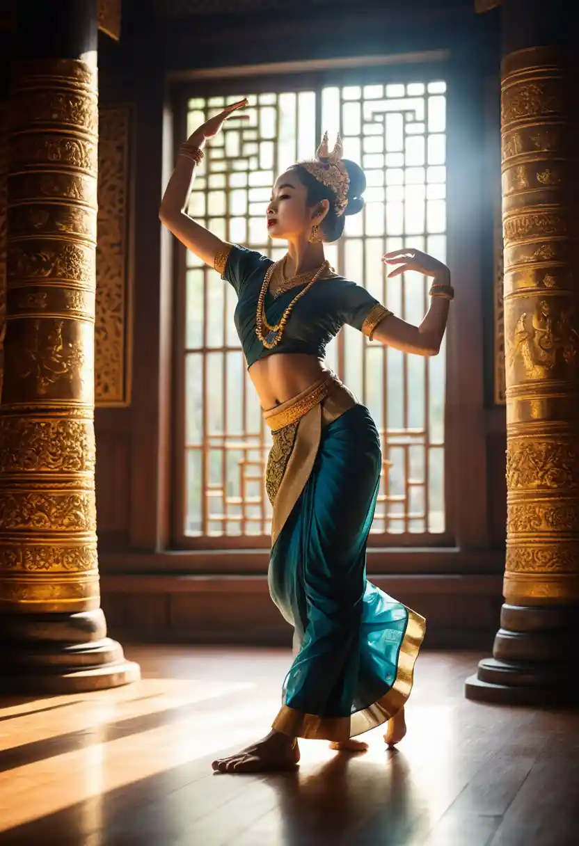 Graceful traditional Thai dancer in soft temple backlight