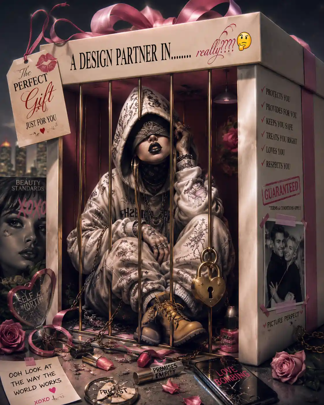 Woman in oversized hoodie trapped inside surreal gift box