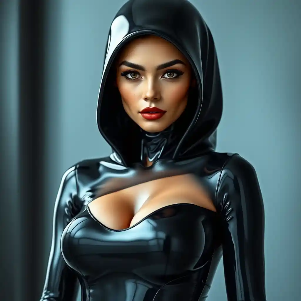 Latex sci fi woman in seamless glossy black catsuit