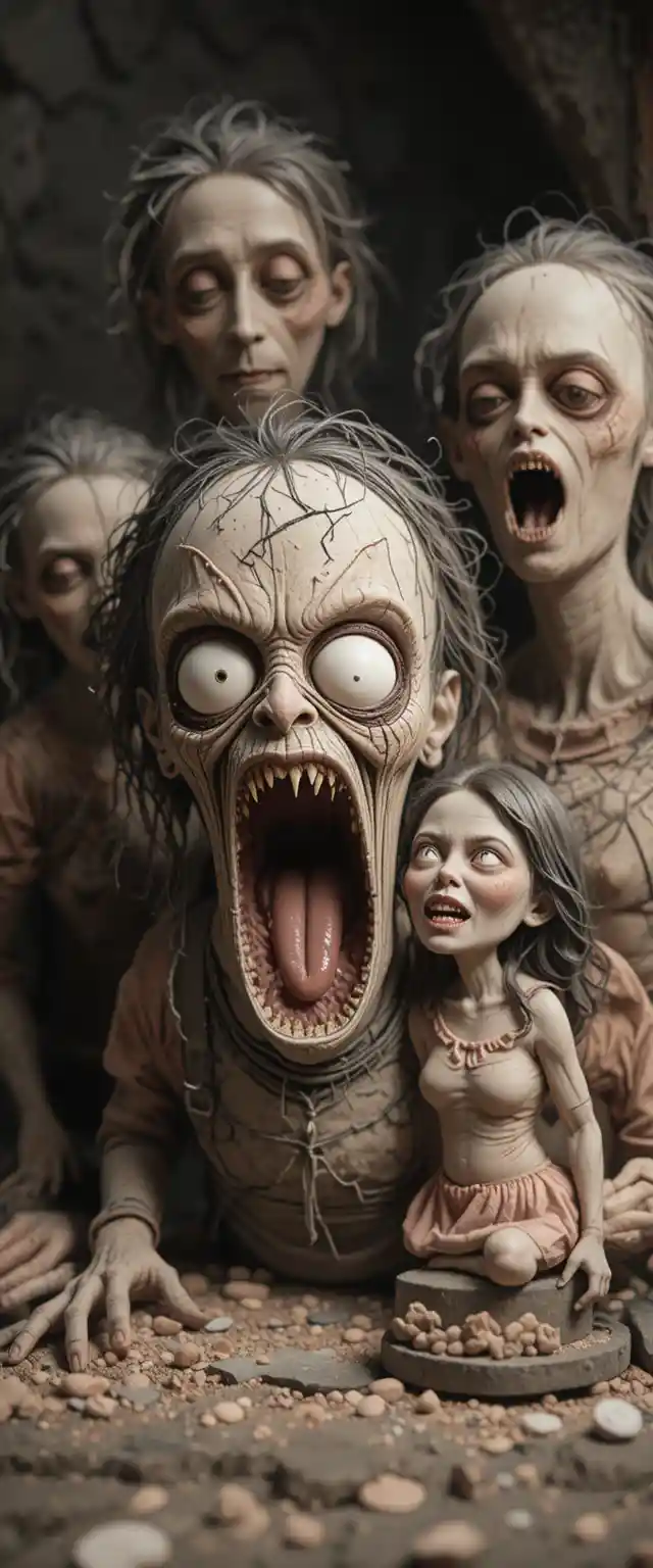 Terrifying claymation spirits haunting the frightened Harmon family