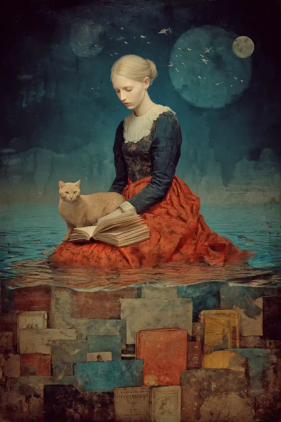 Blonde cat standing on a quiet surreal shoreline at night