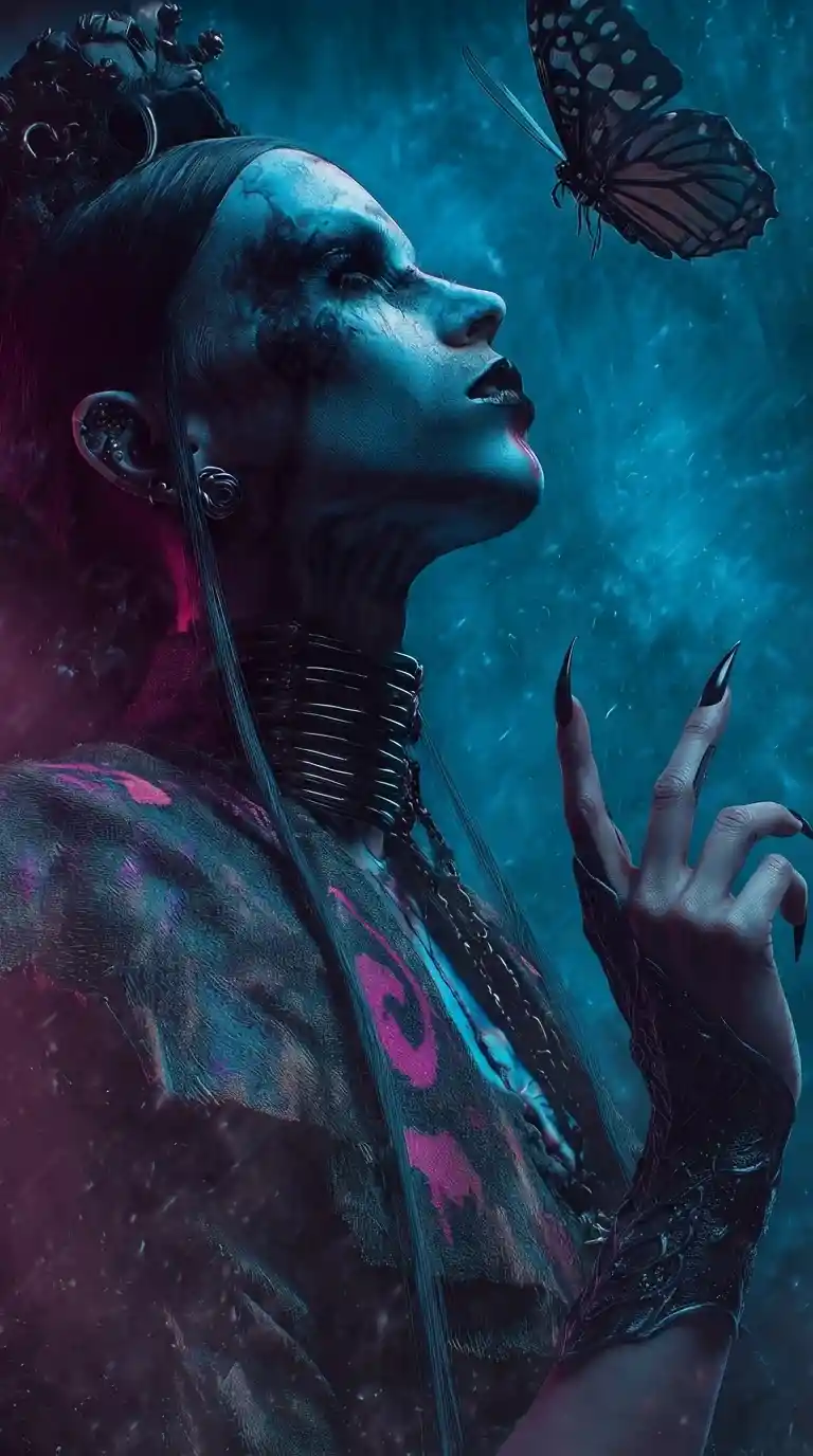 Woman with fingerless gloves and long manicured nails