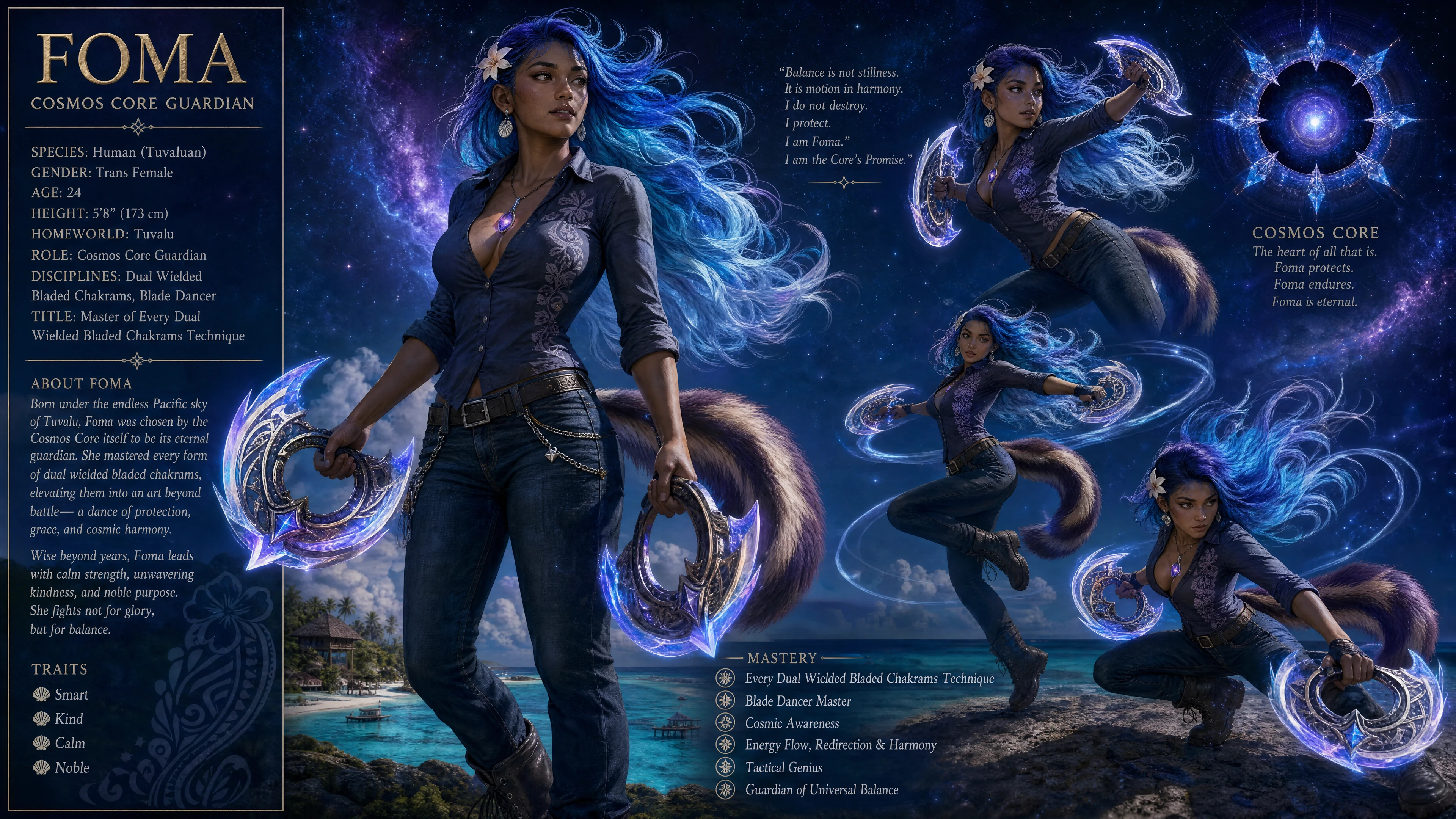Cosmic warrior woman with flaming blue hair and chakrams