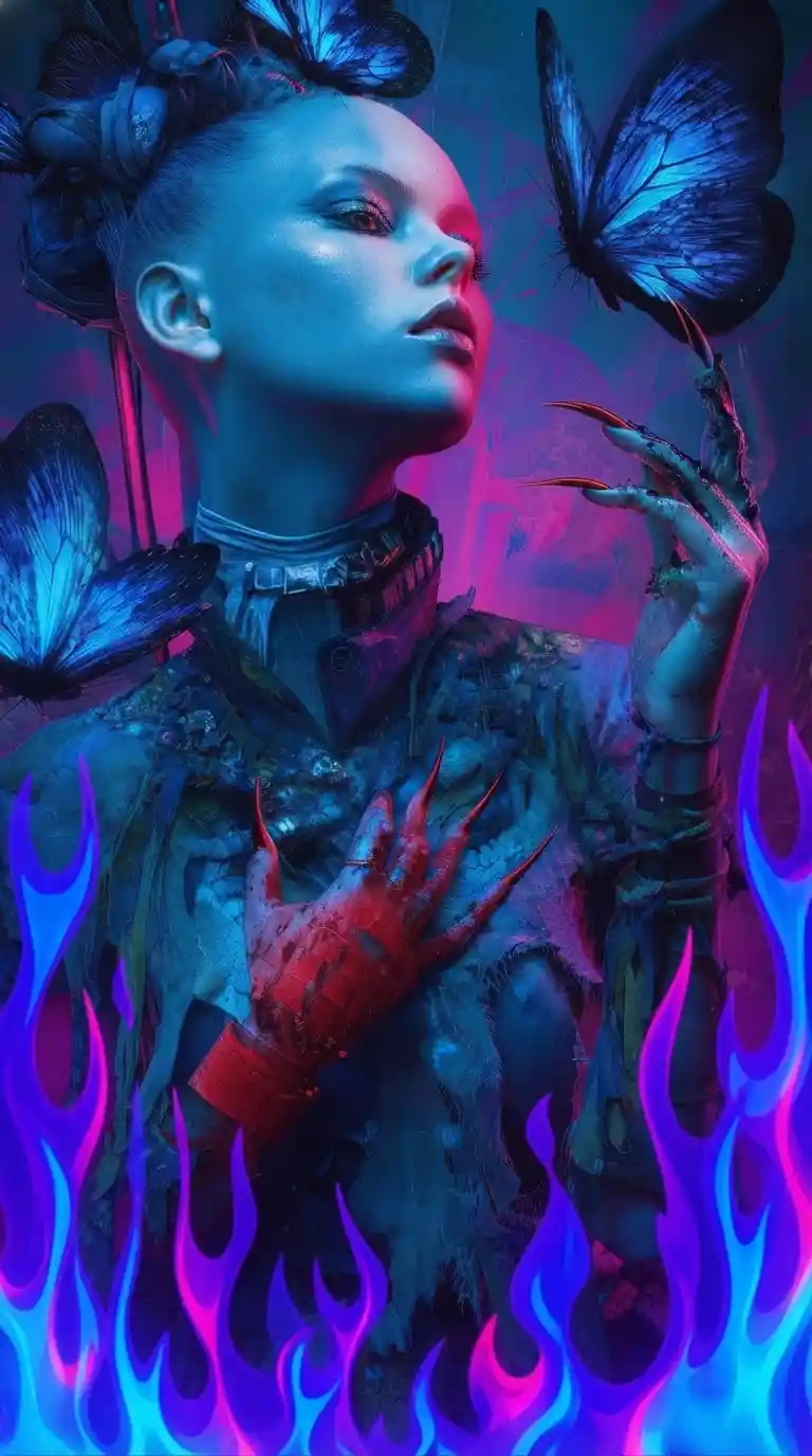 Neon blacklight flames rising along a dark border