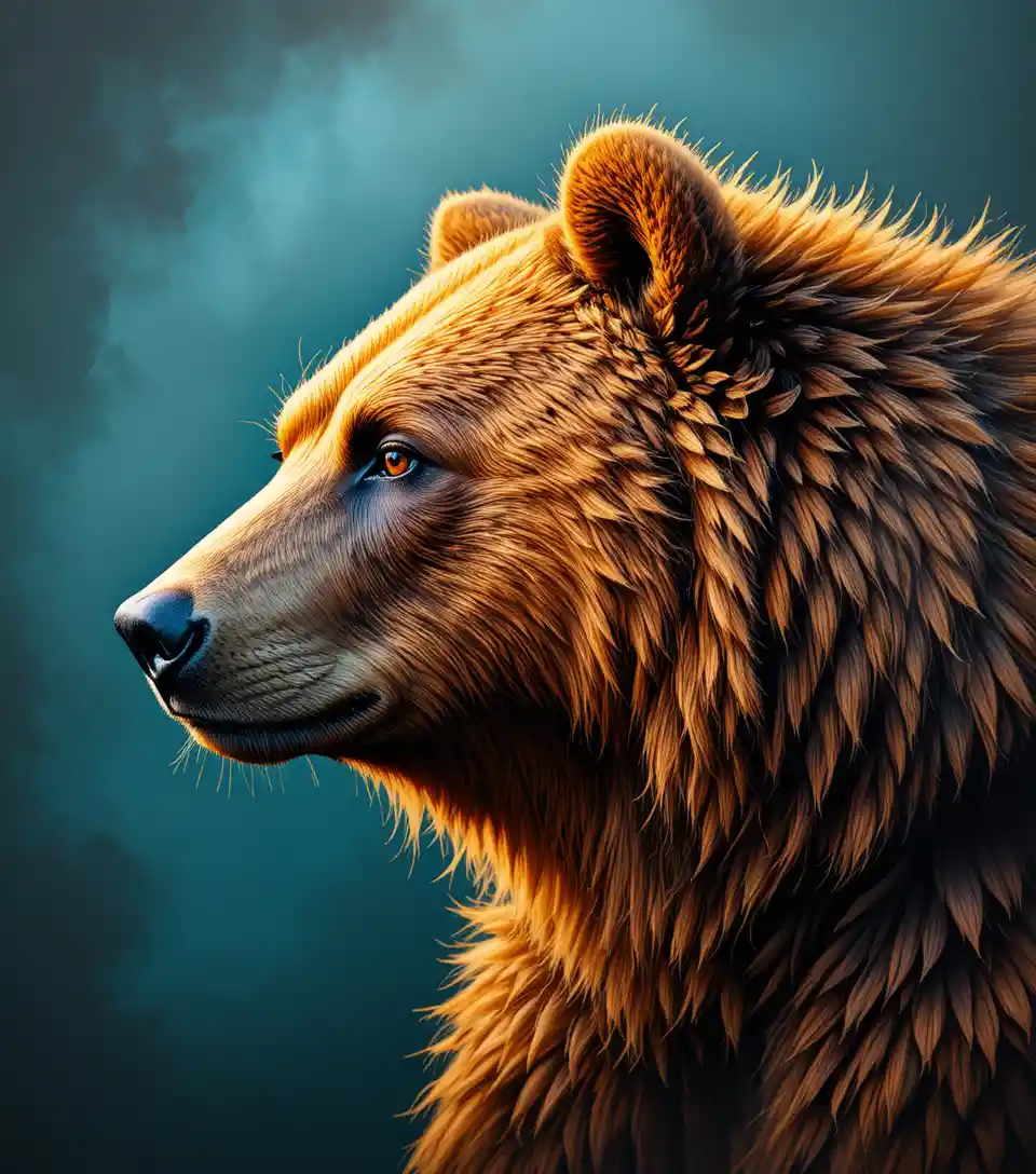 Close up side profile portrait of a calm brown bear