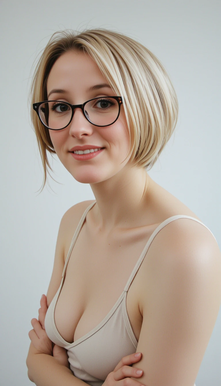 Smiling young woman in glasses with side profile pose