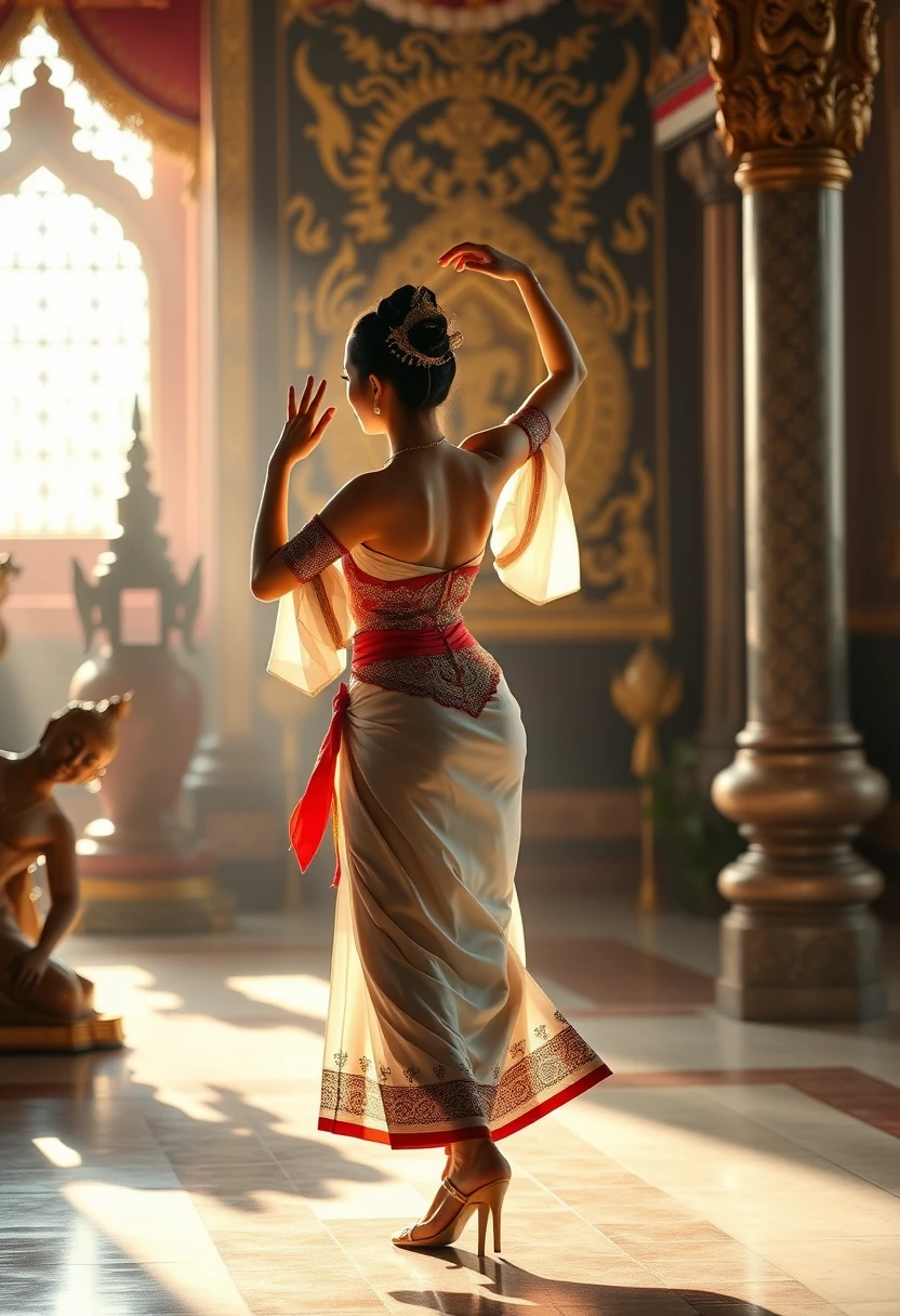 Graceful traditional Thai dancer in temple interior backlighting