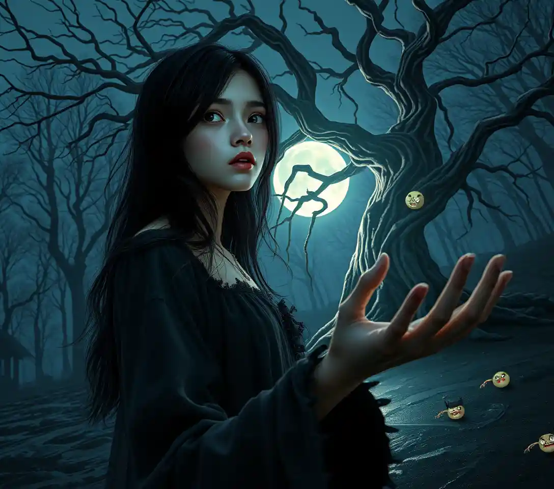 Young woman reaching toward glowing tree in moonlit forest