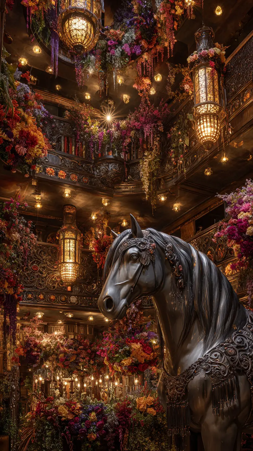 Majestic horse in a flower filled fantasy thunderdome