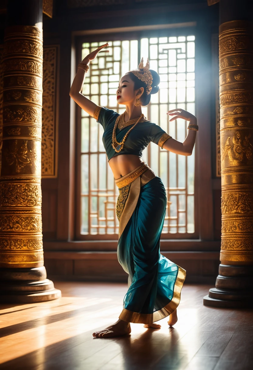 Graceful traditional Thai dancer in soft temple backlight