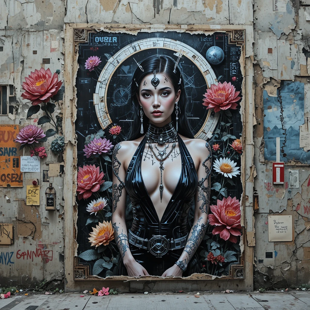 Donna cyberpunk su poster stradale strappato con botanica al neon