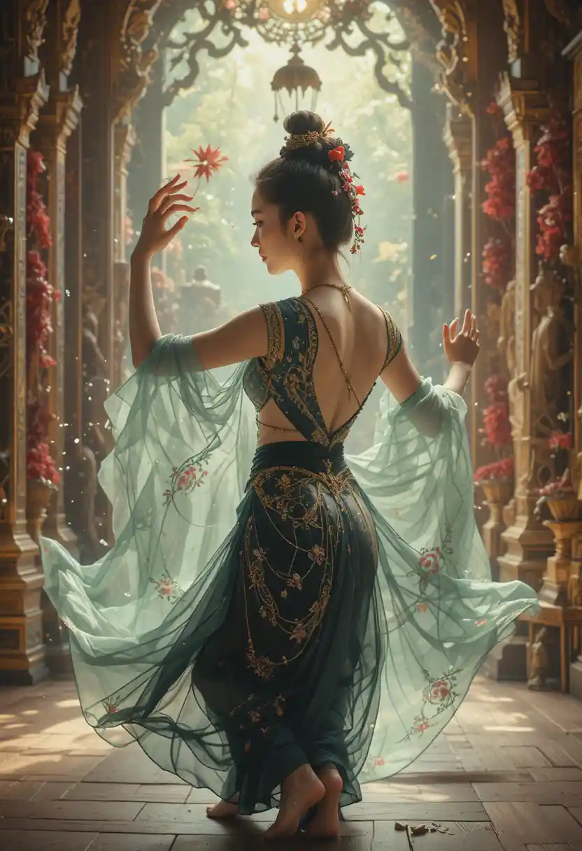 Graceful traditional Thai dancer in temple interior backlight
