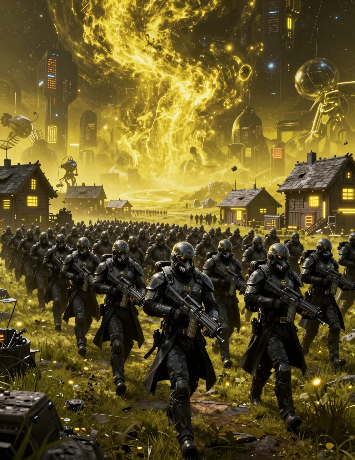 Futuristic army of armored soldiers marching across alien grass